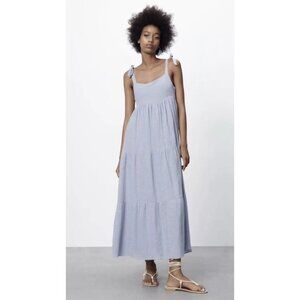 Zara Blue Tie-Strap Tiered Maxi Dress With Smocked Back